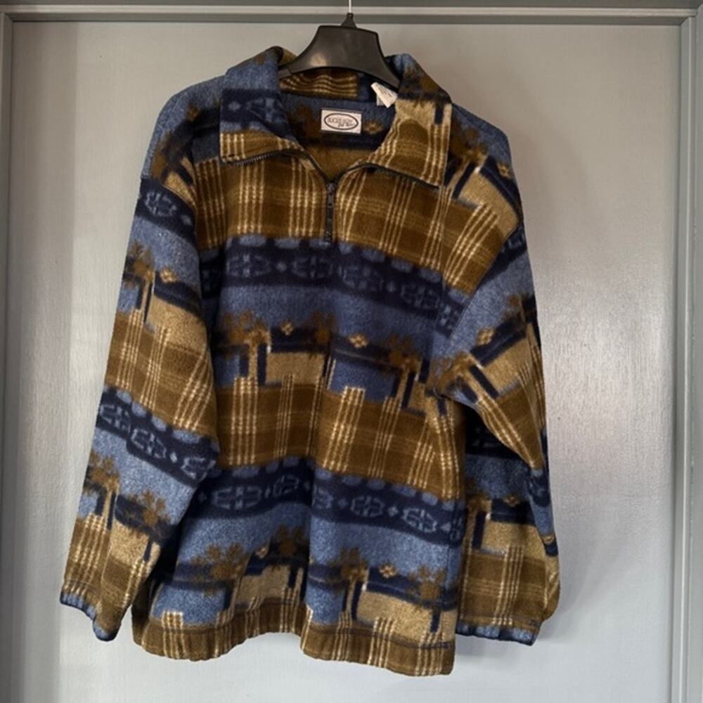 Vintage Bugle Boy for Her Blue Brown Aztec 1/4 Zip Fleece Jacket sz Large Cozy